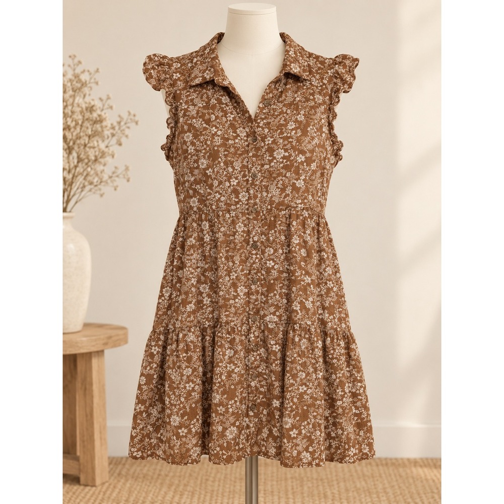 Lucky Brand Womens Brown Floral Ruffle Sleeveless Tiered Button Mini Dress L